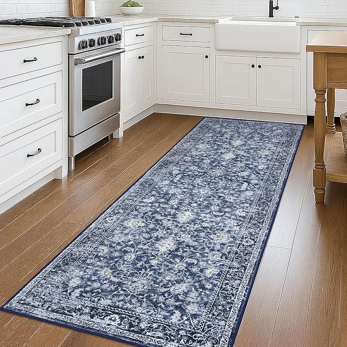 KILOCOCO Hallway Runner 2.6x8 Rug Runner Printed Vintage Floral Washable Kitchen Runners Non-Slip Rubber Backed Runners for Hallways Laundry Room Distressed Boho Rugs for Entryway Bedroom, Blue