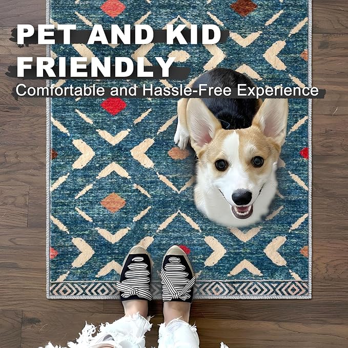 KILOCOCO Hallway Runner Rug 3x10 Runners for Hallways Washable Runner Soft Non Slip Printed Geometric Rubber Backed Low-Pile Rug Runners for Bedroom Kitchen Living Room Boho Rugs, Teal/Blue