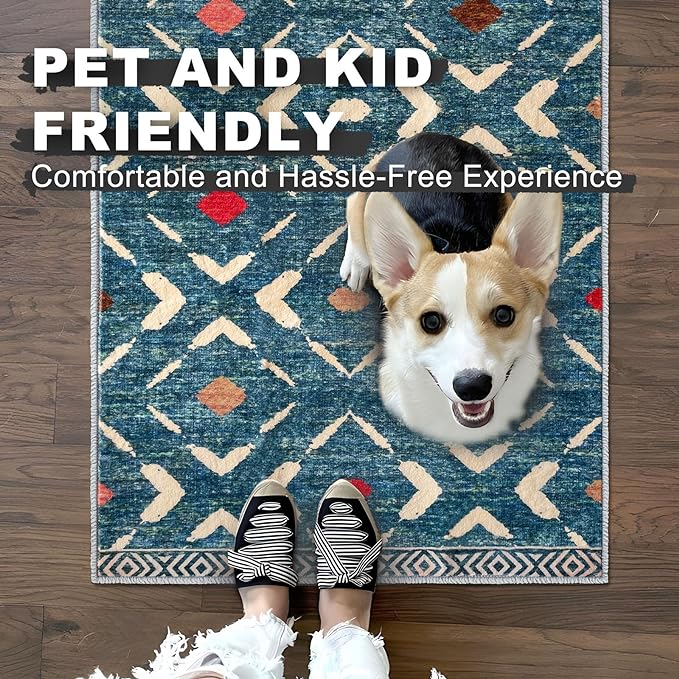 KILOCOCO Kitchen Runner Rug 2x6 Washable Runner Rug Soft Hallway Runners Non Slip Printed Distressed Laundry Room Rugs, Low-Pile Runners for Entryway Bedroom Living Room, Teal/Blue