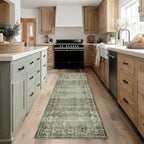 FMFUNCTEX 2x6 Runner Rug Green Vintage Neutral Washable Distressed Non Slip Low Pile Indoor Carpet Soft Retro Hallway Entryway Rug for Kitchen Living Room Bedroom Bathroom Laundry Entrance Bedside