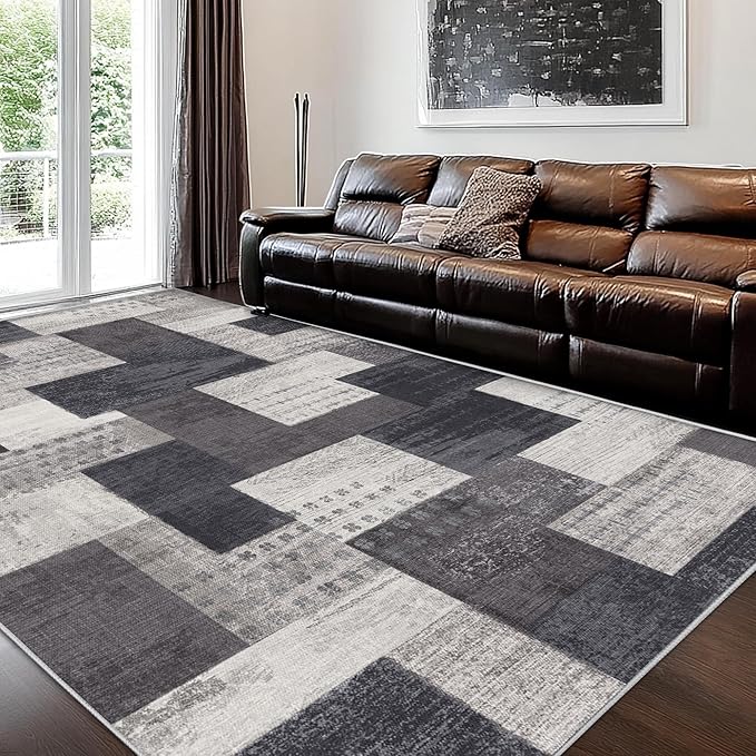 Modern Geometric Patchwork Indoor Area Rug for Living Room, Charcoal 8'x 10' Large Rug Rockwood Collection Hardwood Floors Decor for Bedroom, Grey Throw Carpet for Office Entryway Dining Room