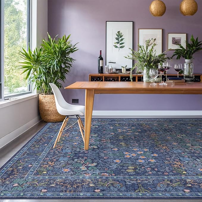 Washable Dark Blue Rug for Living Room - 10x12 Large Area Rug for Dining Room Under Table, Bedroom, Soft Low Pile Non-Slip Stain Resistant Carpet - Vintage Navy Floral Design