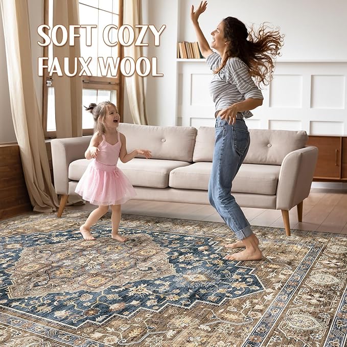 8x10 Area Rugs Living Room: Washable Boho Large Neutral Vintage Soft Rug Stain Resistant Farmhouse Non-Slip Indoor Floor Carpet for Bedroom Nursery Kids Office Dining Room Playroom- Yellow Blue