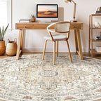 Round Rug Living Room Rugs: 8Ft Washable Boho Neutral Large Circle Soft Indoor Floral Stain Resistant Floor Farmhouse Carpet for Bedroom Nursery Kids Playroom Office Dining Room Dorm Home- Cream Blue