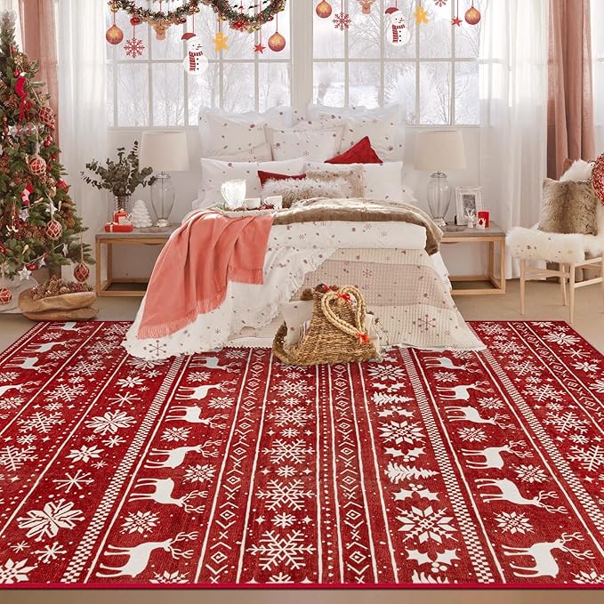 Christmas Rug 6x9 Washable Rugs, Boho Christmas Tree Snowflake Rug Non-Slip Soft Low Pile Non Shedding Indoor Holiday Decor Carpet for Living Room Bedroom Dining Room Home Office (Xmas Red, 6'x9')