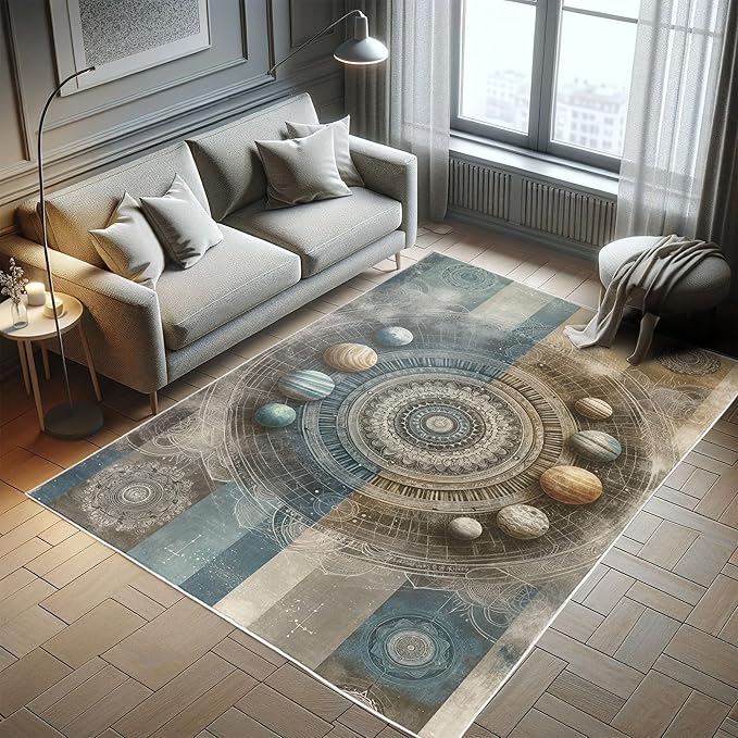 Ambesonne Space Boho Decorative Rug, Modern Interpretation of Outer Galaxy Art Planets and Trippy Mandalas, Quality Carpet for Bedroom Dorm and Living Room, 2' 5" x 5', Sea Blue Eggshell Tan