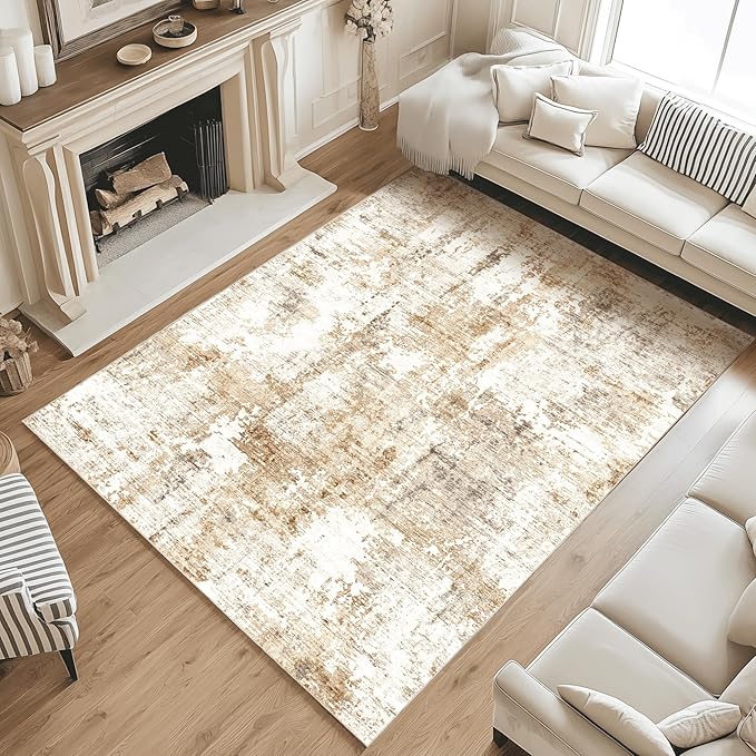 FMFUNCTEX 5x7 Washable Area Rug Abstract Modern Neutral Brown Grey Non Slip Soft Low Pile Thin Accent Indoor Carpet for Living Room Bedroom Dining Office Nursery Bedside Entryway Entrance, Grey Gold