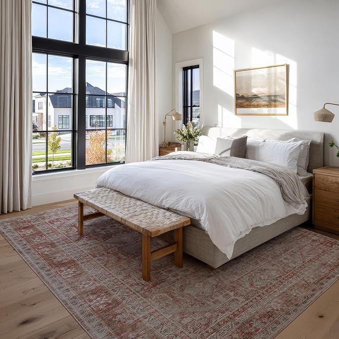 Kuden 5x7 Area Rug, Machine Washable Area Rug with Non-Slip Backing, Vintage Style, Soft, Easy Clean, Low Pile Rug for Living Room, Bedroom, Dining Room