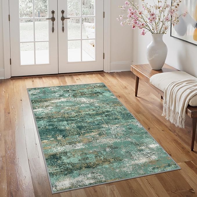 GENIMO 3x5 Rug for Entryway Washable Area Rug, Modern Abstract Small Rugs for Entrance Living Room, Bedroom Beside Rugs, Non-Slip Low Pile Lightweight Soft Carpet, Turquoise