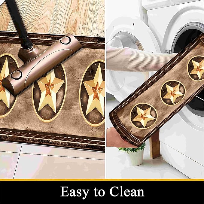 Gold Five-Point Star Runner Rug, 3x8ft Washable Hallway Badge Carpet, Corridor Accent Rugs, Stylish Decorative Runner for Home Hallway & Foyer, Vintage Style Non-Slip Mat