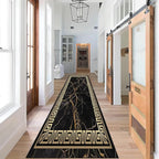 Black Gold Marble Texture Entryway Carpet, 3.3x10ft, Greek Key Geometric Design Bedroom Rug, Abstract Gold Crack Breathable Floor Rugs, No Crease Washable Carpets for Front Door