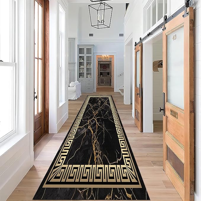 Black Gold Marble Texture Entryway Carpet, 2x6ft, Greek Key Geometric Design Bedroom Rug, Abstract Gold Crack Breathable Floor Rugs, No Crease Washable Carpets for Front Door
