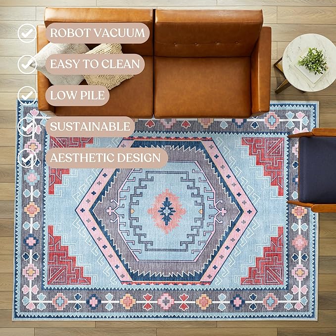 Fame Living Washable Area Rug. Modern Farmhouse. Vintage. Turkish. Bohemian. Distressed. Oriental. Traditional. Rugs for Living Room. Dining. Bedroom. Office. Entryway. Foyer. (856BlM, 5' x 6'9")