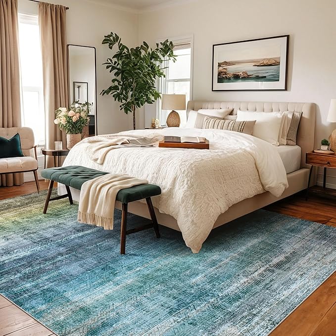 Kokia Abstract Area Rugs 10x14 Bedroom Washable Decor Low Pile Non-Slip Non-Shedding Indoor Blue Carpet Foldable Stain Resistant Floor Living Room Dining Room, Oslo Teal Amber