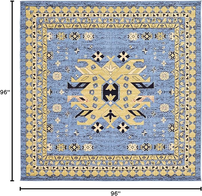 Unique Loom Taftan Collection Border Geometric Tribal Inspired Design Area Rug, 8 ft, Light Blue/Gold