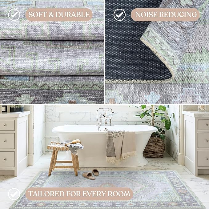 Fame Living Washable Area Rug. Modern Farmhouse. Vintage. Turkish. Bohemian. Distressed. Oriental. Traditional. Rugs for Living Room. Dining. Bedroom. Office. Entryway. Foyer. (856GrnCrm, 5'9" x 8'9")