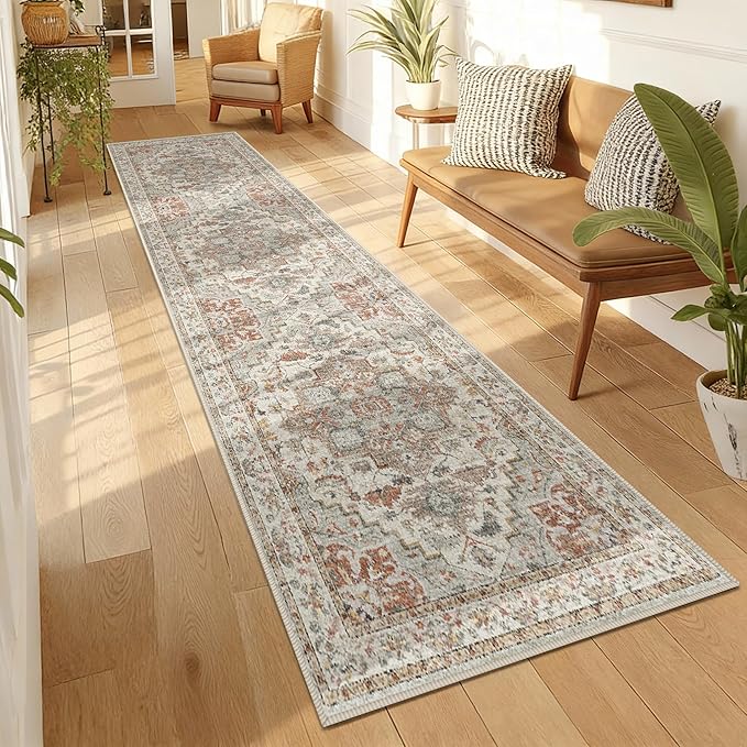 Enkor Runner Rugs for Hallway, 2x8 Washable Soft Boho Non Slip Floor Rugs for Kitchen, Modern Mat for Living Room Bedroom Entryway Beige & Orange
