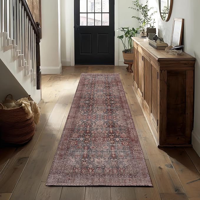 Kuden 2'6"x12 Runner Rug, Machine Washable Area Rug with Non-Slip Backing, Vintage Style, Soft, Easy Clean, Low Pile Rug for Hallway, Entryway, Kitchen, Bedroom