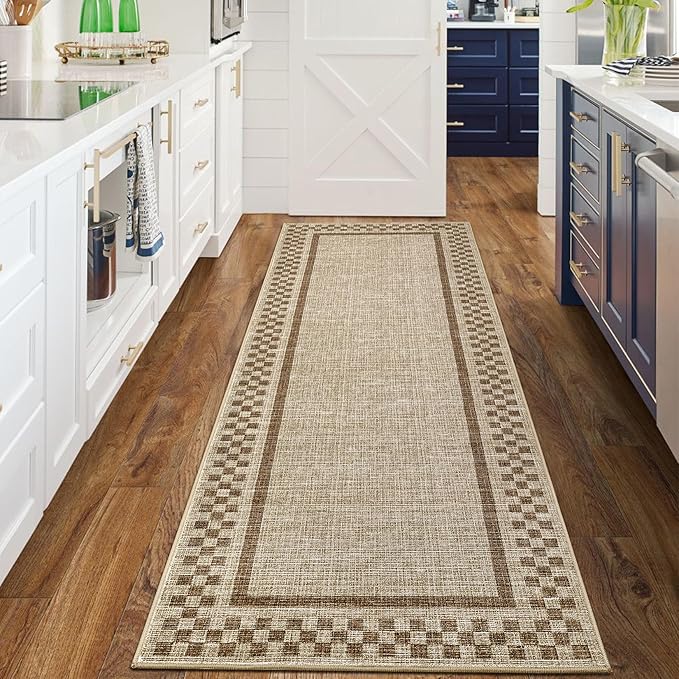 Rug Runners for Hallways 2x8 Washable Kitchen Runner Rug Non Slip Low Pile Bedside Throw Carpet Modern Bordered Bathroom Runners Checkered Area Rug for Living Room Bedroom Entryway Nursery, Taupe