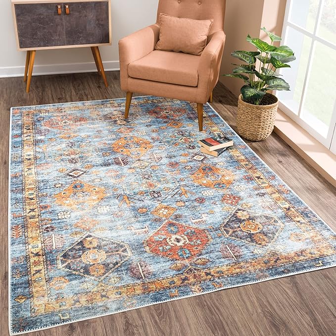 Bloom Rugs Washable Non-Slip 4' x 6' Rug - Blue/Orange Traditional Bordered Area Rug for Living Room, Bedroom, Dining Room, and Kitchen - Exact Size: 4' x 6'
