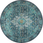 Moynesa Ultra-Thin Washable Round Rug - 4ft Oriental Circle Area Rugs for Bedroom Entryway, Teal Vintage Non Slip Non Shedding Low Pile Carpet for Living Room Coffee Table Kitchen