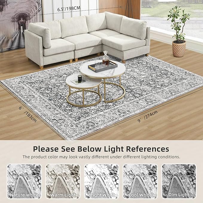 Deerly Grey Rug 6x9 Rugs for Living Room Distressed, Washable Area Rugs Non Slip Large Rug for Bedroom Dining Room Office, Floor Decoration Big Rug Mat Low-Pile(Grey)