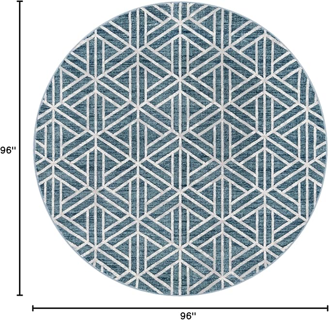Rugs.com Lattice Trellis Collection Rug – 8 Ft Round Blue Low-Pile Rug Perfect for Kitchens, Dining Rooms