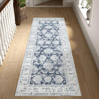 jinchan Fiora Runner Rug 2x5 Washable Hallway Runner- Vintage Floral Non Slip Low-Pile Soft Thin Kitchen Rug Distressed Carpet for Farmhouse Bedroom Entryway Laundry Room(2x5ft, Dark Blue)