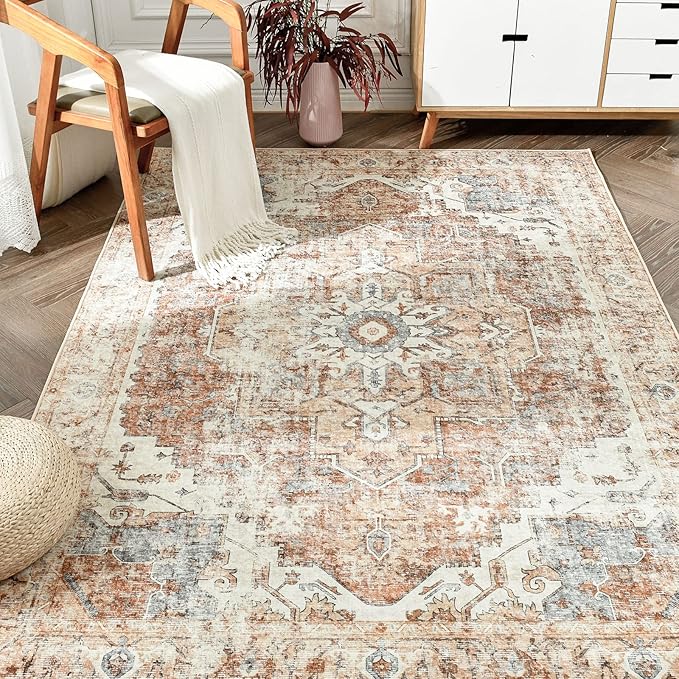 jinchan Area Rug 5x7 Washable Bedroom Rug Vintage Indoor Floor Cover Distressed Lightweight Non-Slip Low Pile Thin Mat Stain Resistant Carpet for Living Room Dining Room Kitchen Office Brick Red