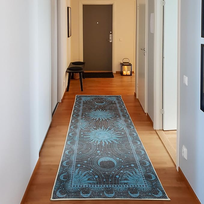 Ambesonne Sun and Moon Decorative Rug, Bohemian Artwork Design of Crescent Solar Ornament Esoteric Stars Ornaments, Quality Carpet for Bedroom Dorm and Living Room, 2' 5" x 7' 5", Sky Blue