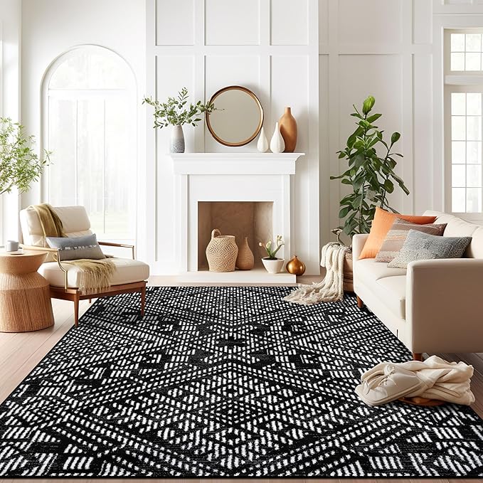 Rugshop Boho Black Tribal Area Rug– Modern Indoor Carpet for Living Room, Bedroom, or Entryway – Non-Shedding, Low Pile Geometric Design 7' 10" x 10'