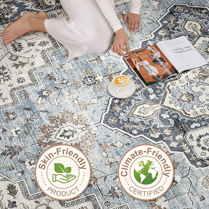 8x10 Area Rugs Living Room: Washable Boho Large Neutral Vintage Soft Rug Stain Resistant Farmhouse Non-Slip Indoor Floor Carpet for Bedroom Nursery Kids Office Dining Room Home House- Blue Tan