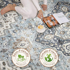 9x12 Area Rug Living Room: Washable Boho Large Neutral Vintage Soft Rugs Stain Resistant Farmhouse Non-Slip Indoor Floor Carpet for Bedroom Nursery Kids Playroom Office Dining Room House- Blue Tan
