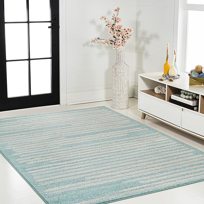 JONATHAN Y Khalil Modern Berber Stripe Turquoise/Cream Indoor Area Rug, 4x6, Contemporary, Bohemian, Easy-Cleaning for Living Room, Bedroom, Kitchen, Pet Friendly, Non-Shedding (MOH207D-4)