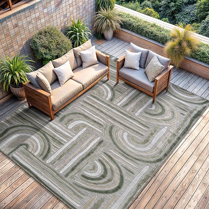 CAMILSON Indoor Outdoor Rug, Beige 6x9 Geometric Arch Striped Area Rugs for Patio and Home Areas, Easy-Cleaning Non-Shedding Living Room, Garden and Deck Washable Outside Carpet (6 x 9)