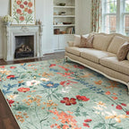 Green Area Rug 5x7 Floral Washable Living Room Kitchen Boho Carpet Non Slip Low Pile Indoor Accent Lightweight Soft Throw Rug for Bedroom Office Dining Room Nursery Farmhouse