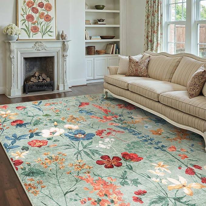 Green Area Rug 8x10 Floral Washable Living Room Kitchen Boho Carpet Non Slip Low Pile Indoor Accent Lightweight Soft Throw Rug for Bedroom Office Dining Room Nursery Farmhouse