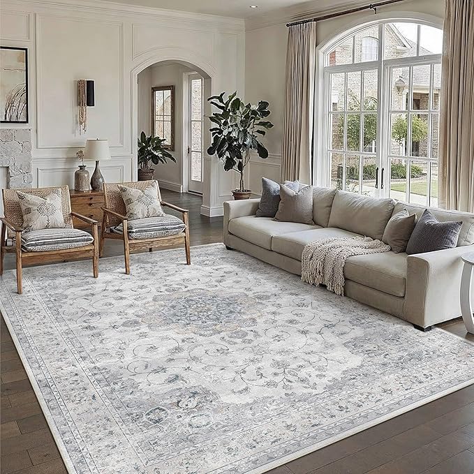 HUGEAR Machine Washable Area Rugs 9x12 Vintage Blue Large Living Room Bedroom Rug Neutral Style Non Slip Stain Resistant Low Pile Throw Carpet for Home Retro Aesthetic Modern Decor