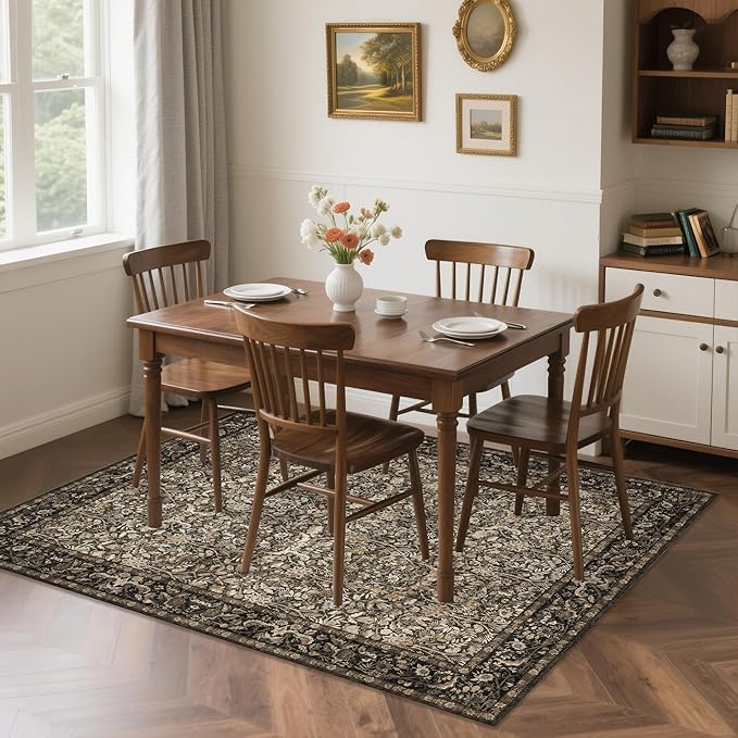 Washable Living Room Rug: 6x9 Boho Floral Soft Area Rug for Bedroom Decor - Vintage Low Pile Thin Carpet for Dining Room Non-Slip - Farmhouse Stain Resistant Rugs - Dark Brown