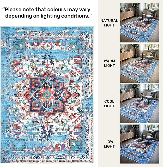 GLN Rugs Traditional Collection - Machine Washable Area Rug, Traditional Washable, Non Slip, Low Pile Chenille Rug, Living Room, Bedroom, Kitchen Rug (3' x 5' Blue/Multicolor)