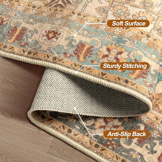 Tangsoo 2.6x8 Washable Runner Rug for Hallways, Non Slip Vintage Runner Rug, Soft Low Pile Long Rug Runner, Print Distressed Orange Carpet Runners for Kitchen Bedroom Entryway Bathroom Living Room