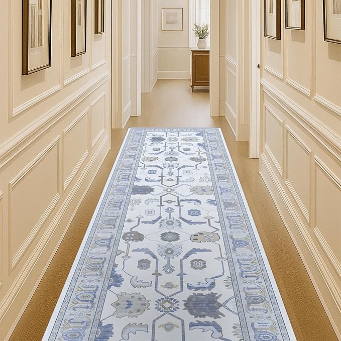Fame Living Cream Blue Oushak Runner Rug, Modern Runners, Vintage, Turkish, Eclectic, Floral, Pastel, Washable, Long Runner Rugs for Hallway, Kitchen, Living Room, Bedroom, Kitchen, Bathroom, 2'5"x13'
