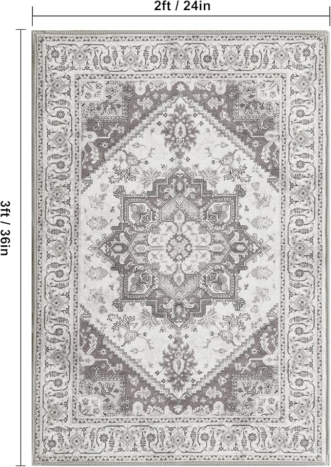 XWZO Entryway Area Rug 2x3ft — Soft Vintage Low Pile Non-Slip Backing Door Floor Mat for Bedroom Bathroom Kitchen Laundry, Spill Resistant Washable Small Indoor Carpet for Doorway & Entrance, Grey