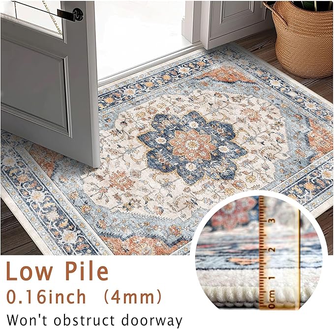 vivorug 8x10 Area Rugs for Living Room, Non-Slip Backing Washable Rug 8x10, Large Area Rug Soft Carpet for Bedroom Dining Room, Vintage, Easy Clean, Durable, Low Pile Rug Orange/Navy