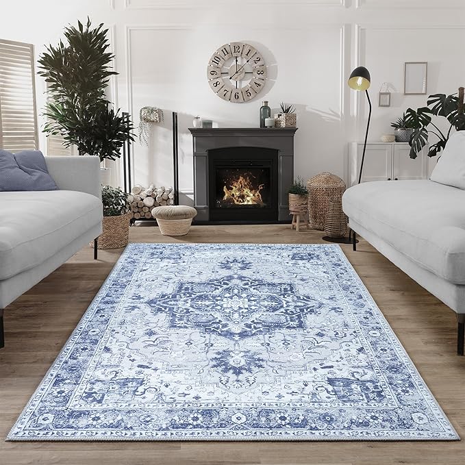 Bloom Rugs Washable Non-Slip 6' x 9' Rug - Gray/Blue Traditional Medallion Area Rug for Living Room, Bedroom, Dining Room, and Kitchen - Exact Size: 6' x 9'