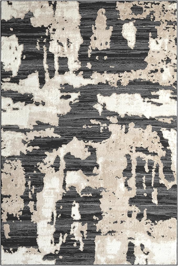 Abani Terra Cream Area Rug for Living Room, Bedroom - Black Abstract Pattern - 6' x 9' - Durable & Easy to Clean