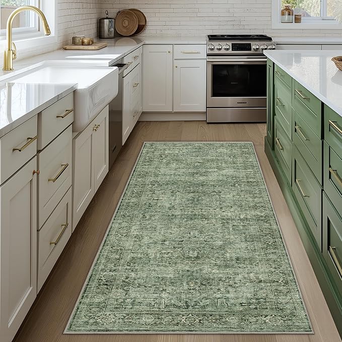 Fmfunctex 2x6 Runner Rug Green Vintage Neutral Washable Distressed Oriental Non Slip Low Pile Indoor Carpet Retro Hallway Entryway Rug for Kitchen Living Room Bedroom Bathroom Laundry Entrance Bedside