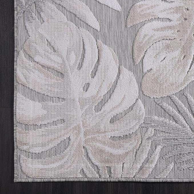 CAMILSON Indoor Outdoor Rug, Beige 6’x9’ Leaf Tropical Botanical Area Rugs for Indoor and Outdoor patios, Easy-Cleaning Non-Shedding Living Room, Garden and Kitchen Washable Outside Carpet (6x9)