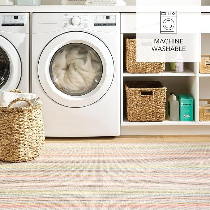 Dash and Albert Ana Ticking Machine Washable Area Rug - 5' x 8' Aqua Stripe Washable Accent Rug - Durable, High Traffic Area Kitchen, Hallway, Bedroom