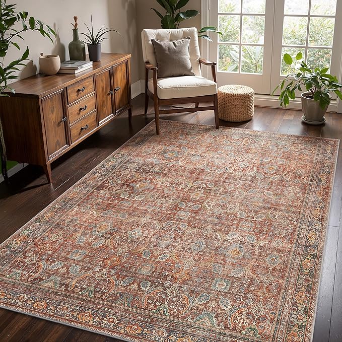 9x12 Area Rug Machine Washable Boho Rug for Living Room,Ultra-Thin Low Pile Carpet,Lightweight Indoor Printed Rug,Non Slip Floral Area Rug for Bedroom, Dining Room, Home Office,Terracotta/Indigo
